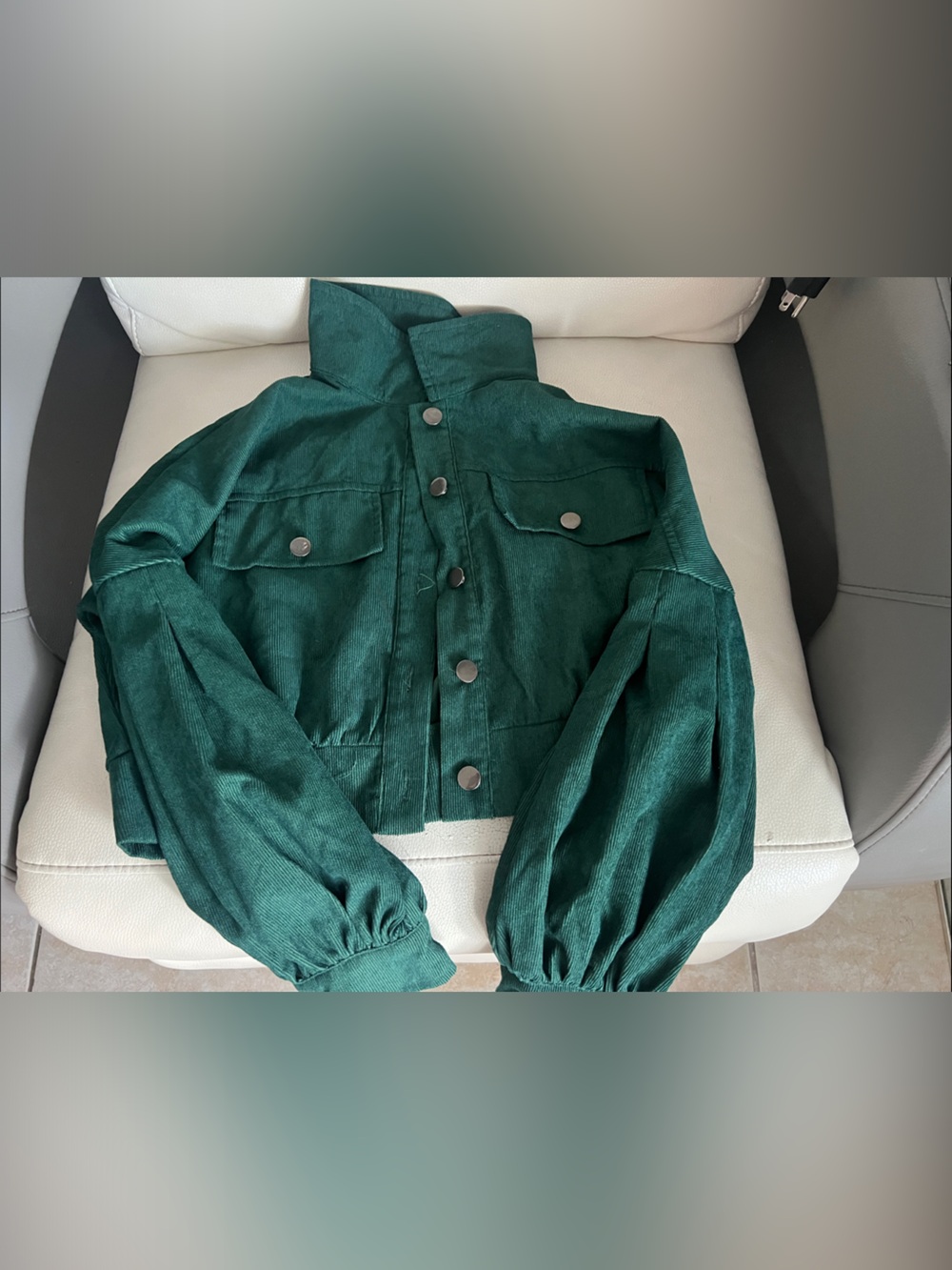 SHEIN Dark Emerald Green Button-Up Puff Sleeve Jacket